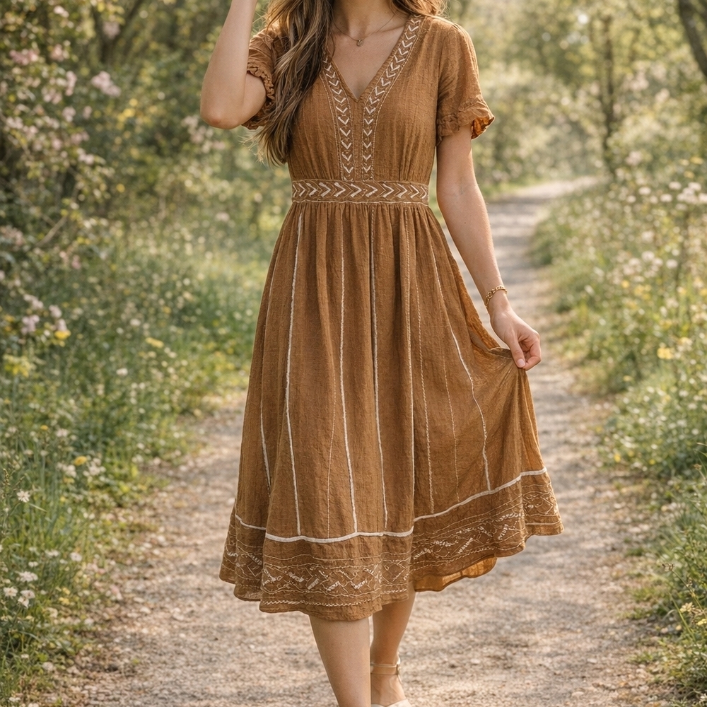 ROOLEE Brown Embroidered Midi Dress Small Boho Cottagecore Prairie Cotton Lined